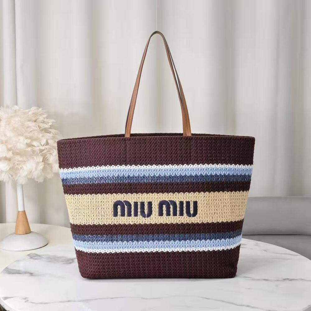 Miu Miu Striped Woven Tote Bag with Logo Detail
